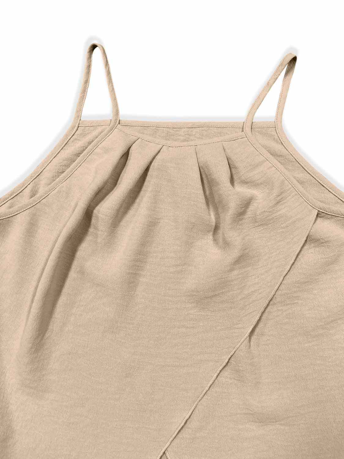 Beige spaghetti strap top with a basic design, slightly stretchy material.