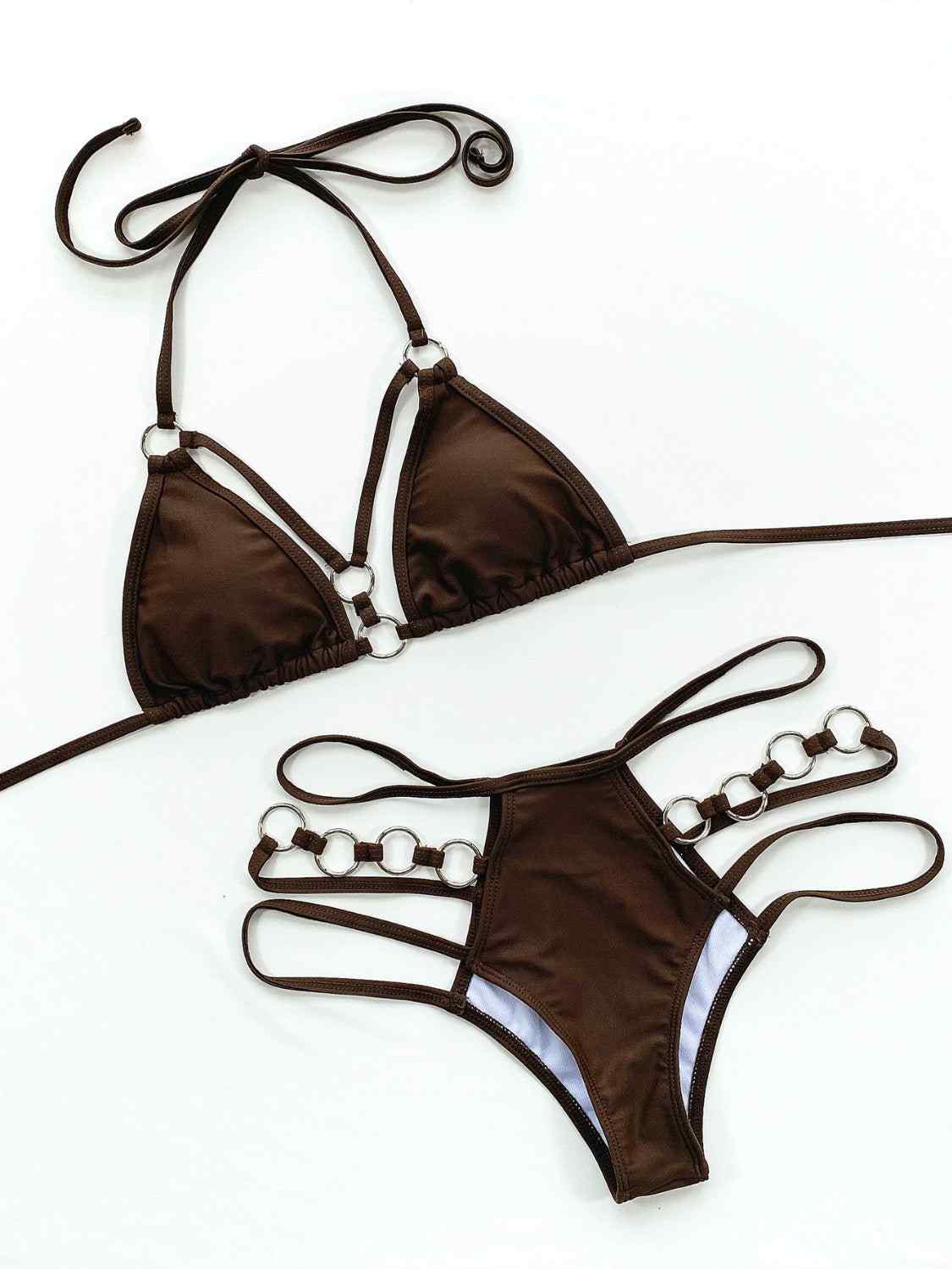 Cutout halter neck two-piece bikini set with removable padding and slightly stretchy fabric.