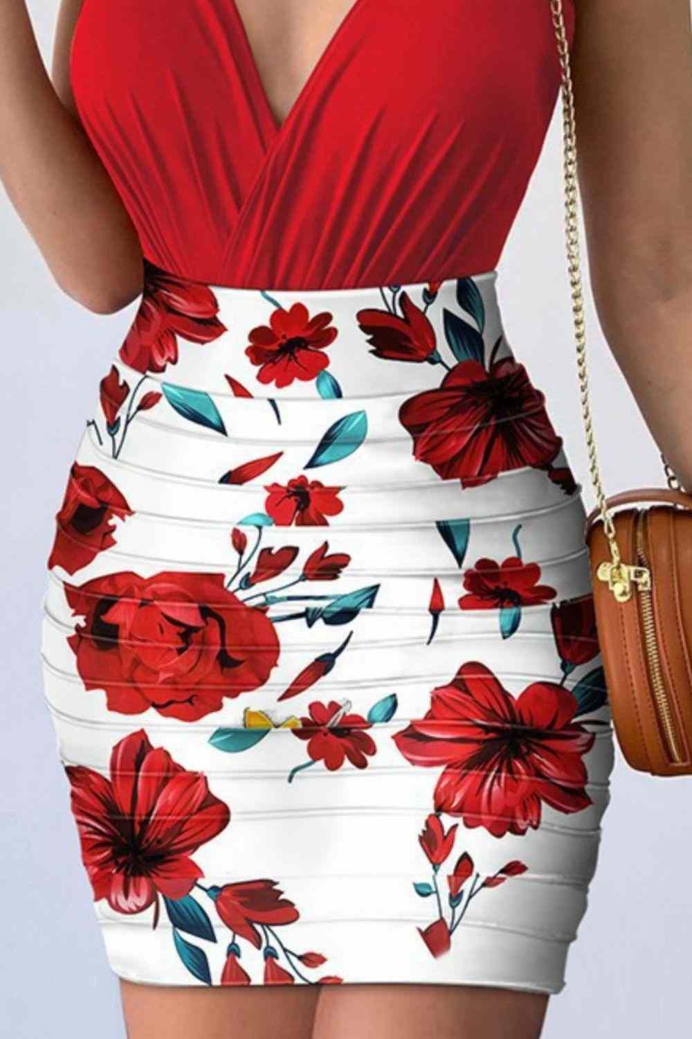 Spaghetti strap top with floral printed mini skirt set.