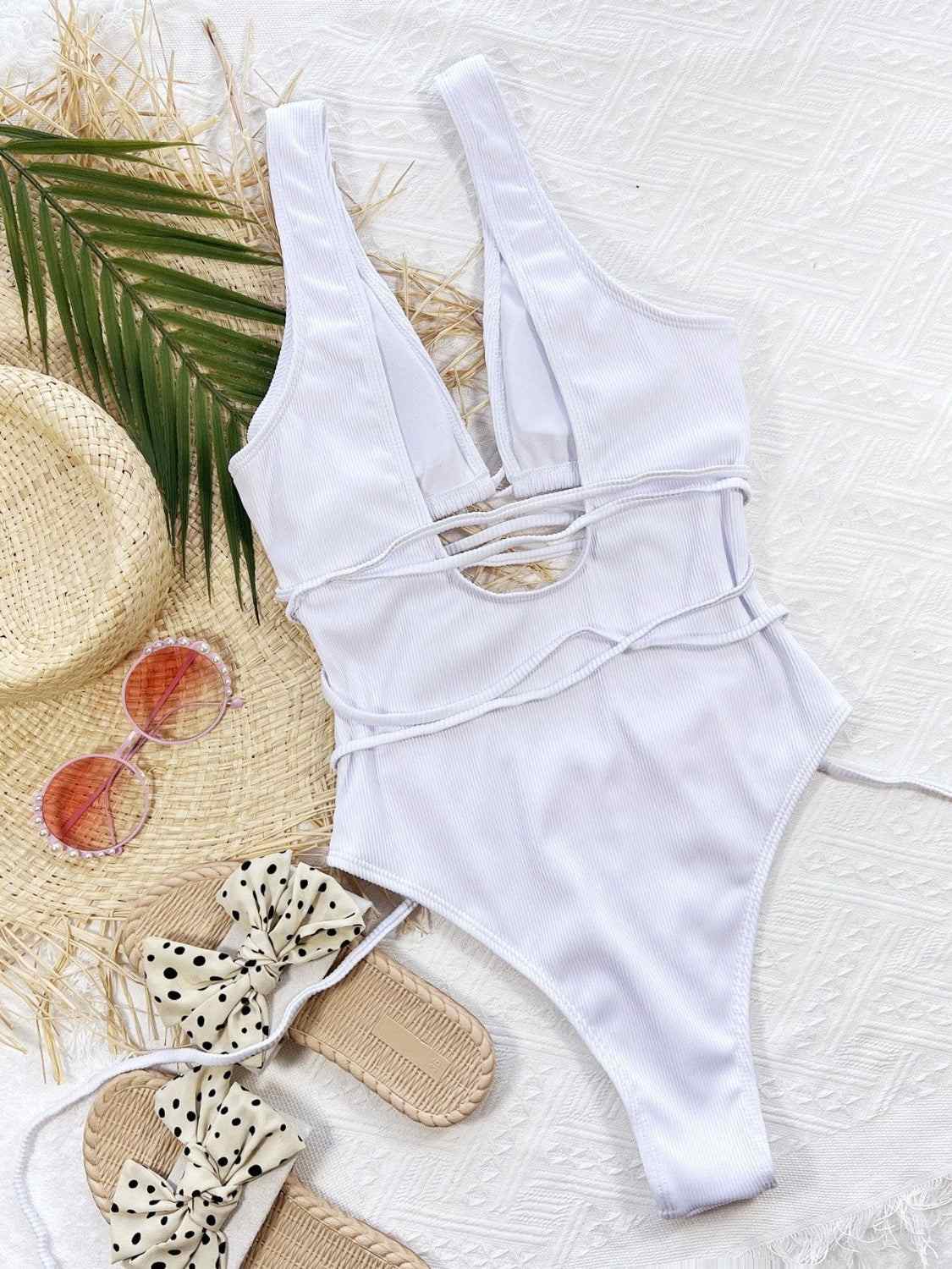 Ribbed Lace Up One-Piece Swimsuit with removable padding, stretchy material, no underwire, in white.