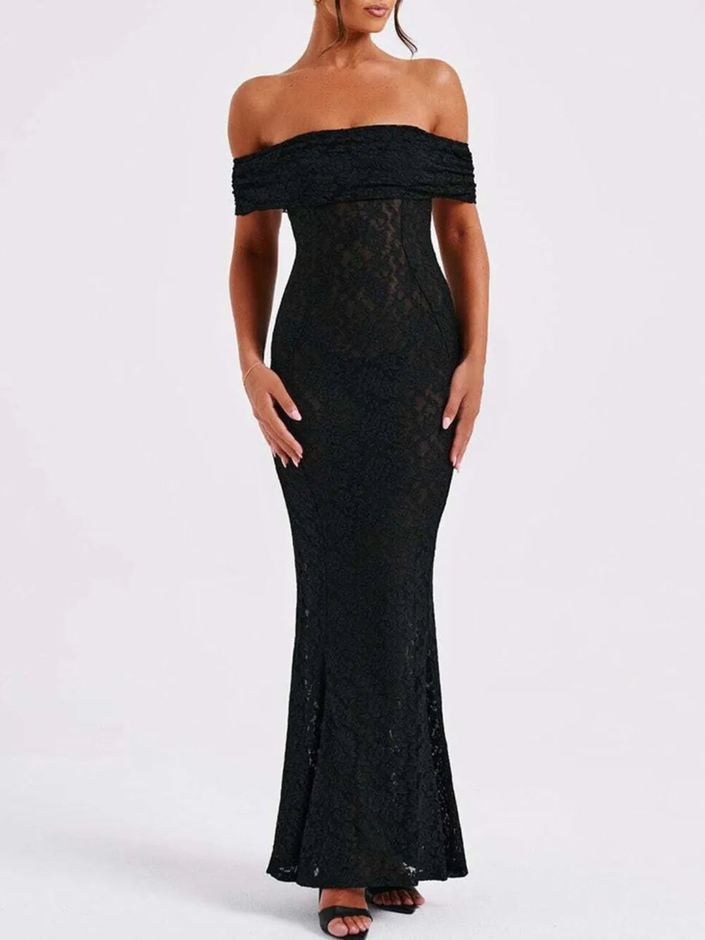 Devine Backless Lace Off-Shoulder Maxi Dress in black, featuring lace design, highly stretchy fabric, and lined body.