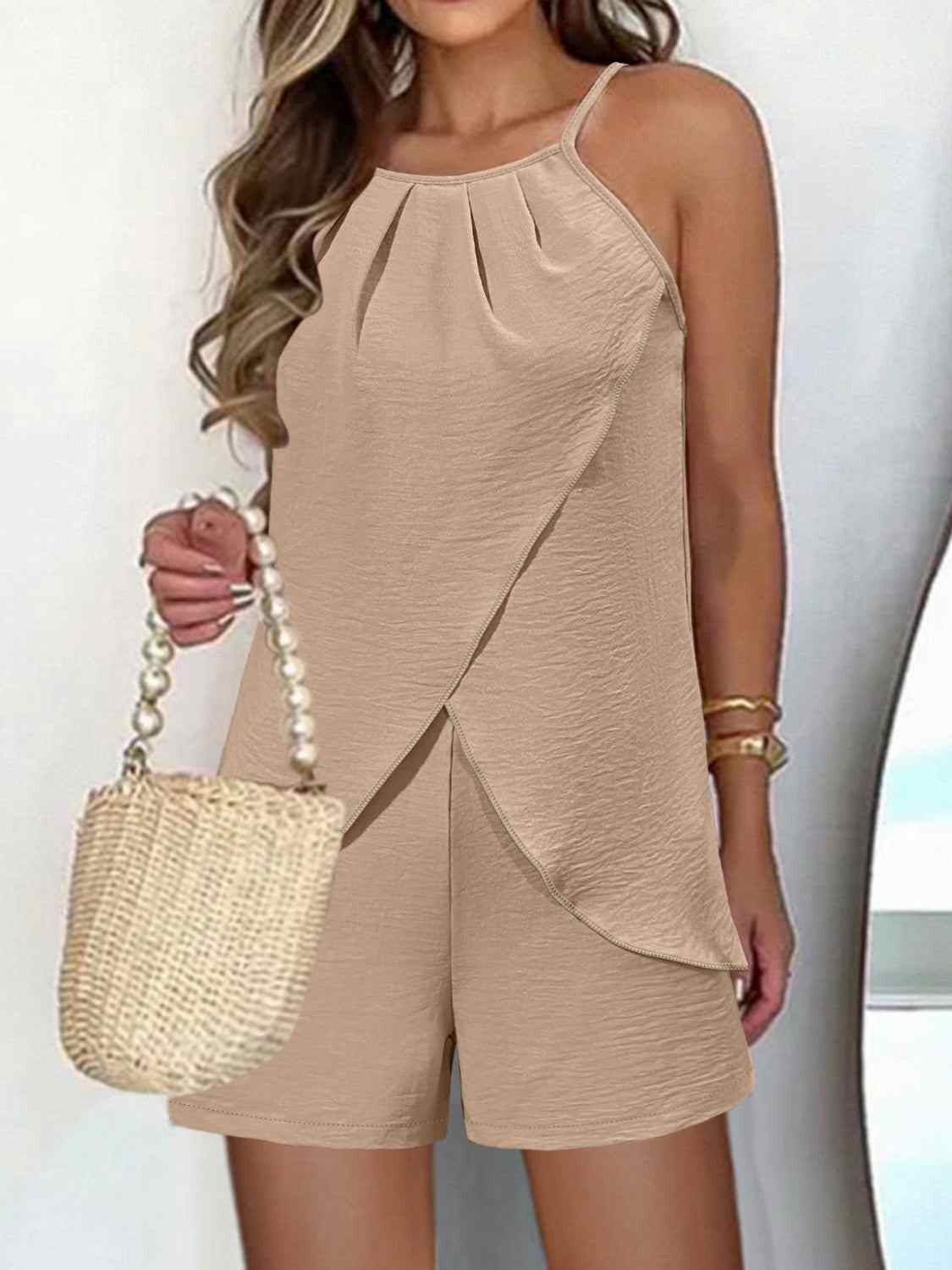 Spaghetti Strap Top and Shorts Set in beige, featuring a basic style with slightly stretchy fabric.