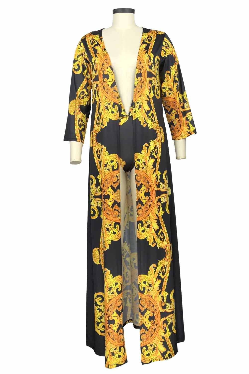 Printed plunge one-piece and cover up swim set with yellow and black ornate design, stretchy fabric, and no padding.
