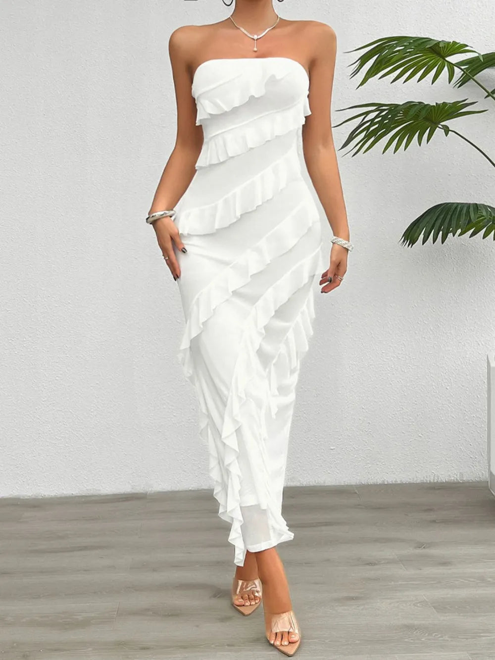 Devine Ruffled Slit Back Tube Maxi Dress in white with a ruffled design and moderate stretch, perfect for elegant occasions.