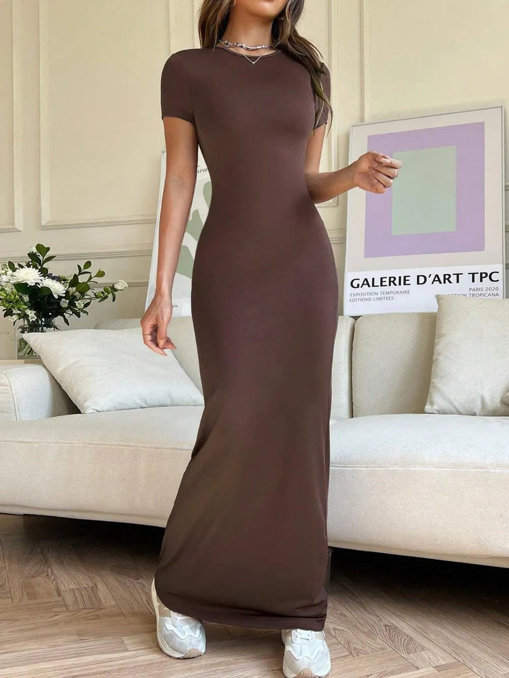Short sleeve maxi tee dress in a basic style, worn by a model indoors.