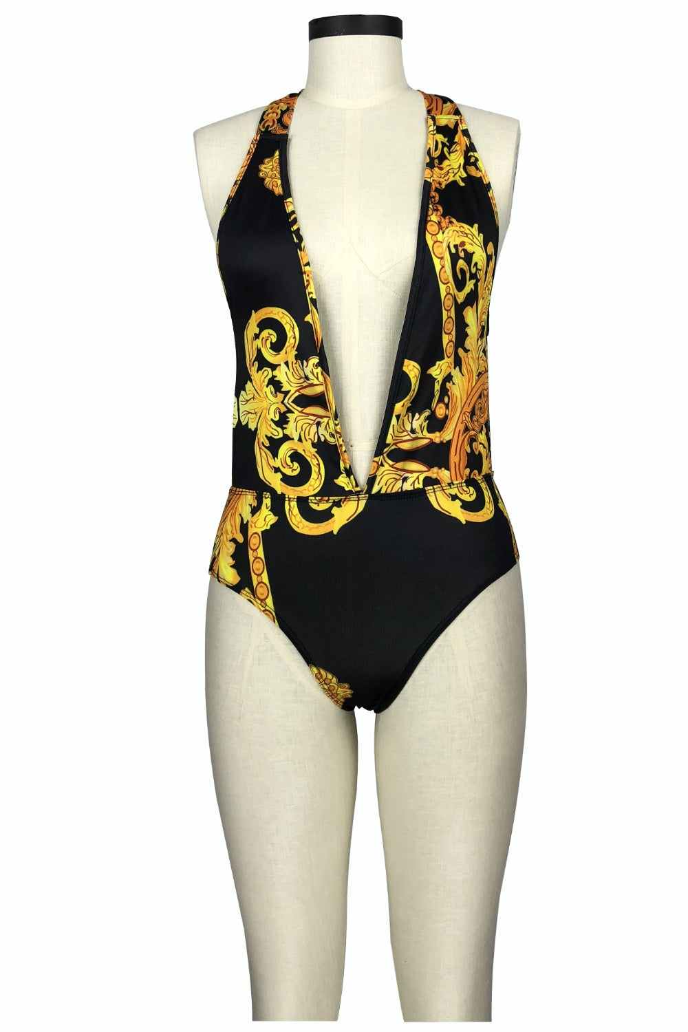 Printed plunge one-piece swimsuit with matching cover-up set, basic style, no padding, stretchy fabric.