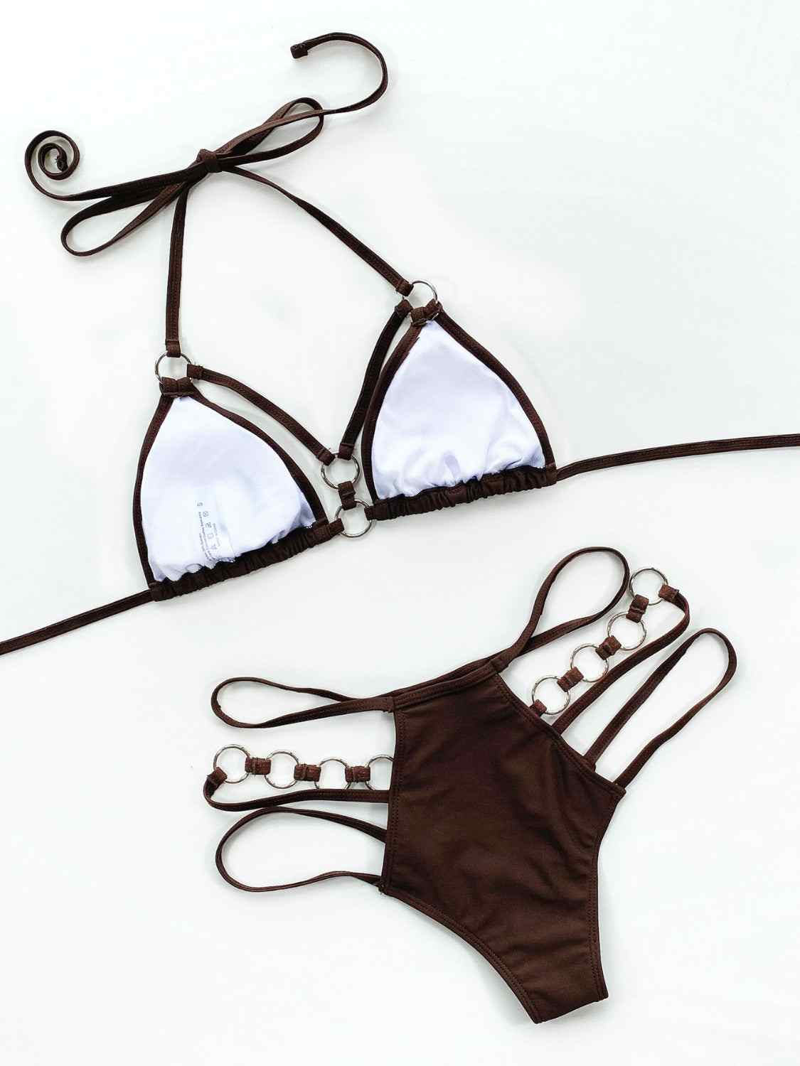 Cutout halter neck two-piece bikini set with removable padding and slightly stretchy material.