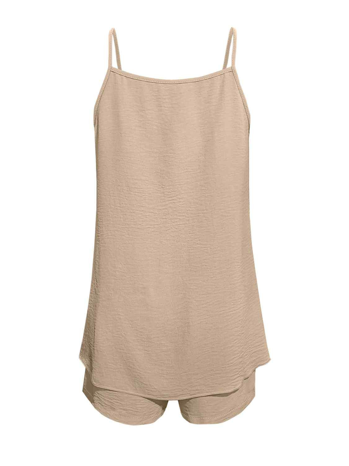 Beige spaghetti strap top and shorts set with basic style.