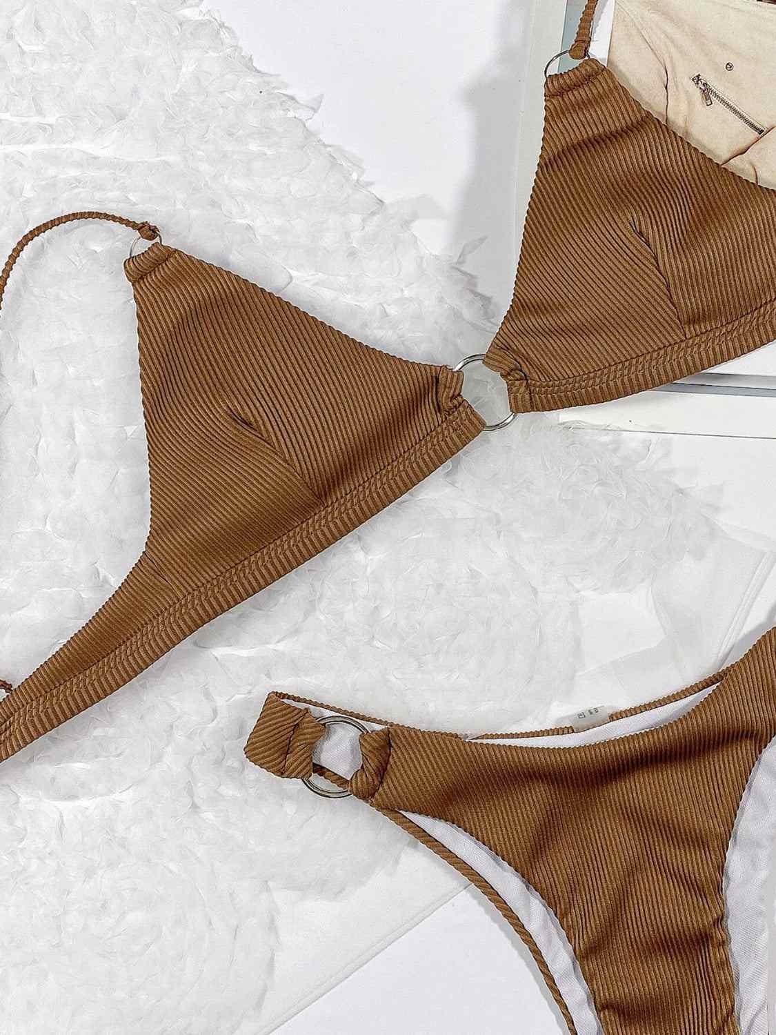 Plunge spaghetti strap swim set in brown, two-piece with removable padding.