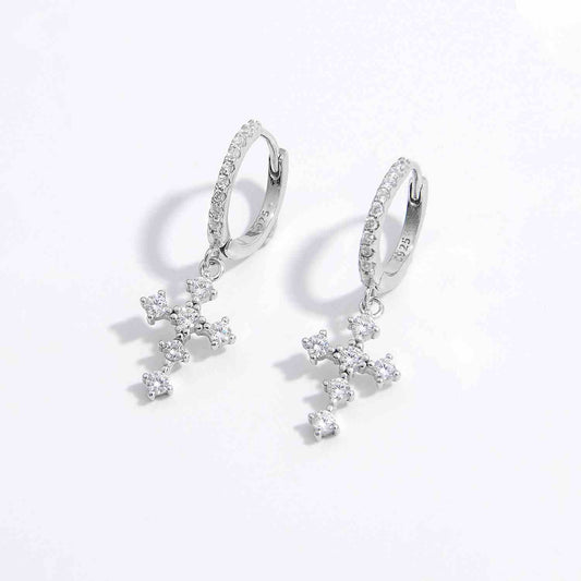 925 Sterling Silver Zircon Cross Dangle Earrings