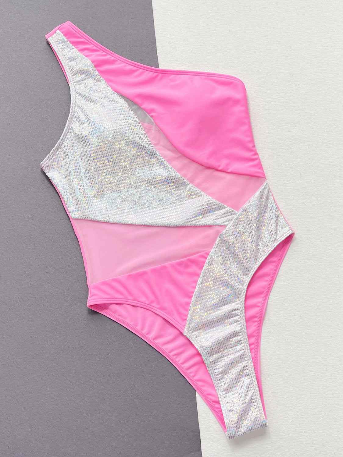 Contrast panel one-piece swimsuit in pink with stretchy fabric and removable padding.
