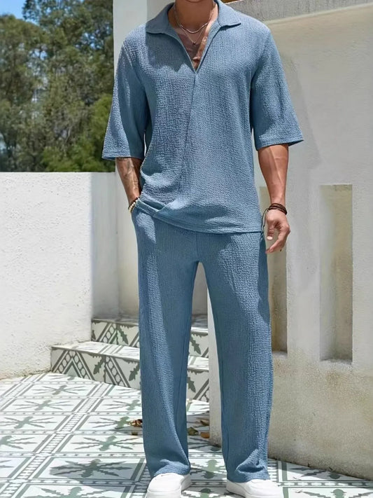 The Signature Man Set, blue two-piece outfit, basic style, slightly stretchy, polyester and spandex blend.
