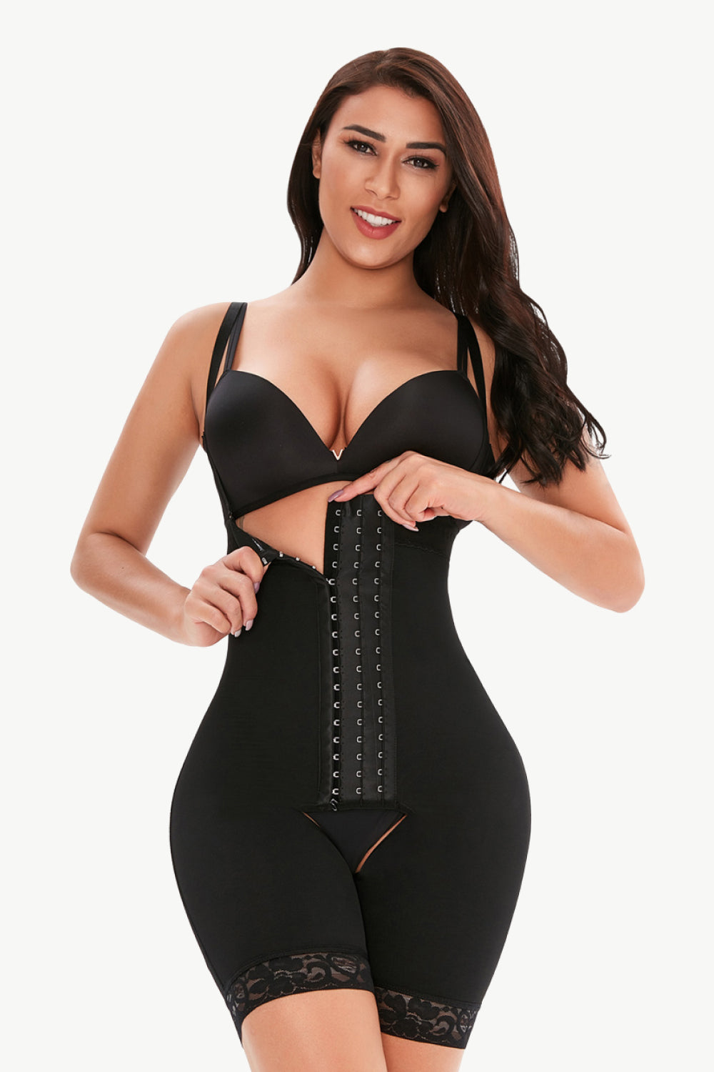 Full Size Hook-and-Eye Lace Trim Shaping Bodysuit with Ghost Mannequin Display