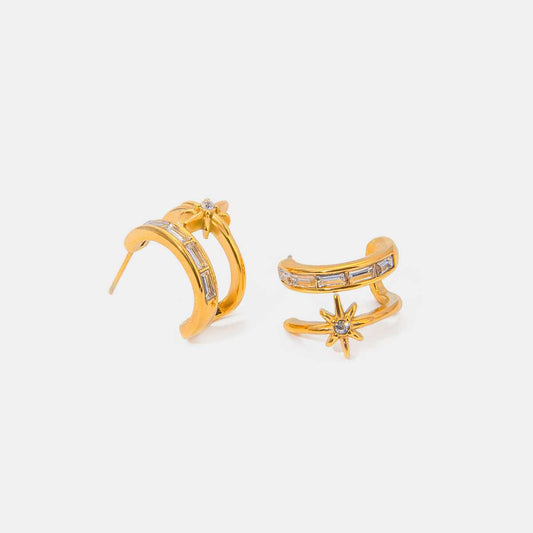 Stainless steel zircon double-layered earrings in 18K gold-plated finish.