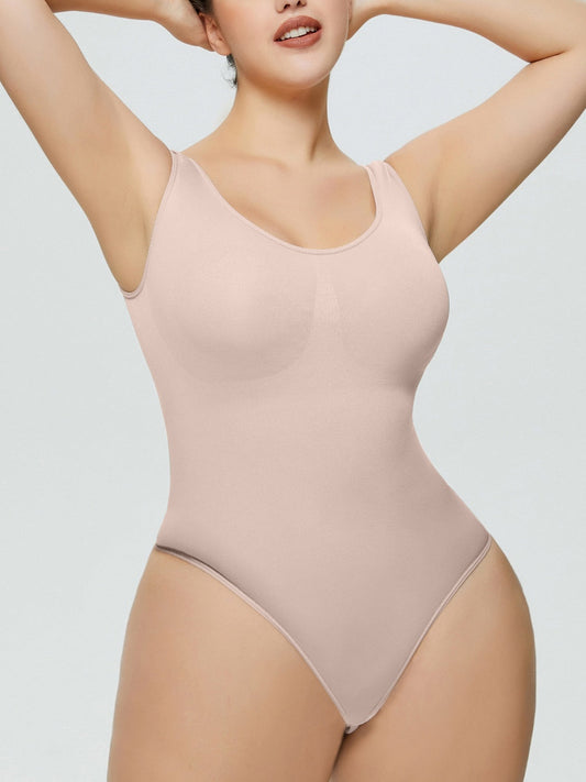 Scoop neck wide strap shaping bodysuit in light beige.