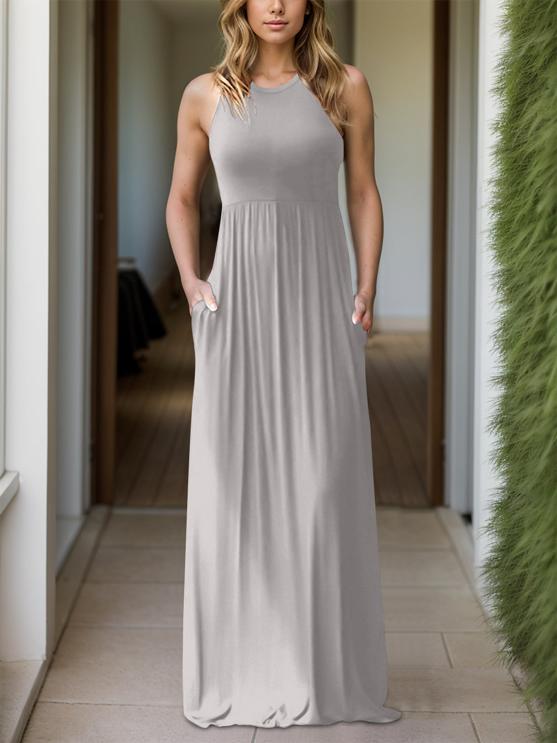 Full size Grecian neck dress with pockets in gray, featuring moderate stretch and sleeveless design.
