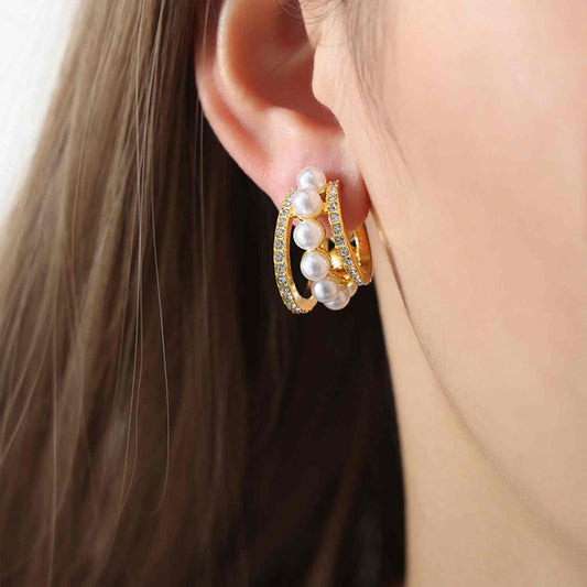 Pearl Titanium Steel C-Hoop Earrings with synthetic pearls and 18K gold plating.