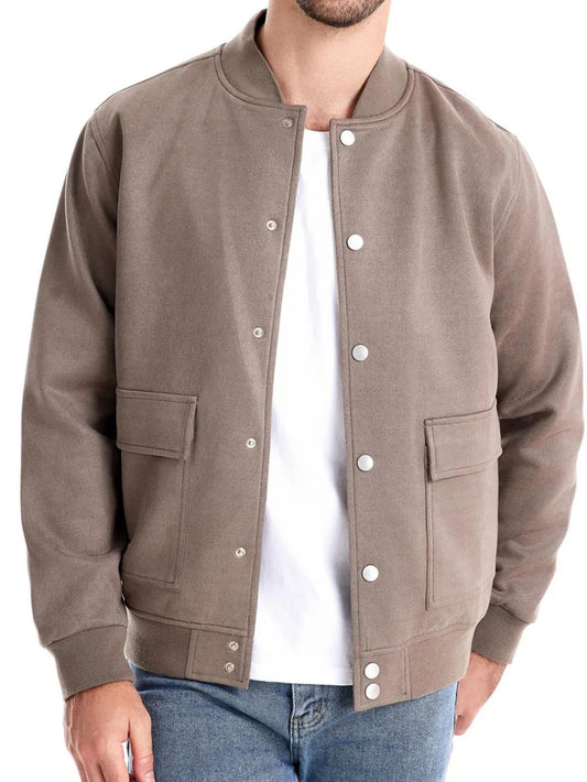 Baseball collar snap down jacket in taupe, front view.