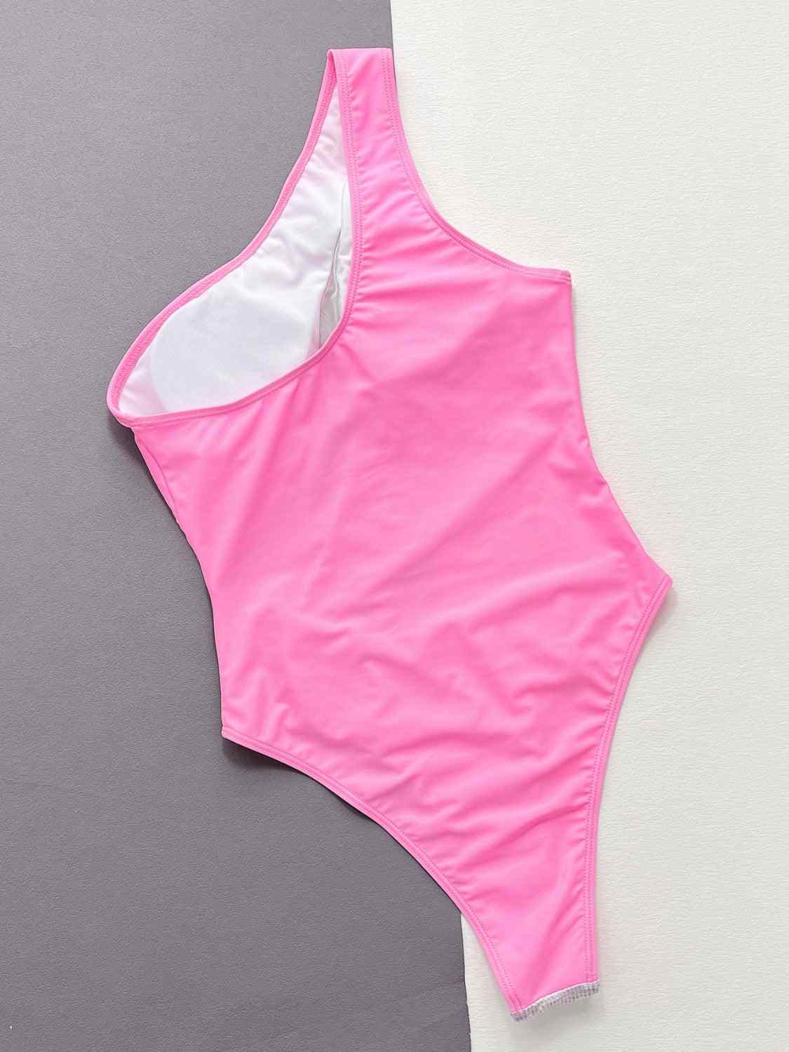 Contrast Panel One-Piece Swimsuit, pink, removable padding, stretchy nylon-spandex blend.