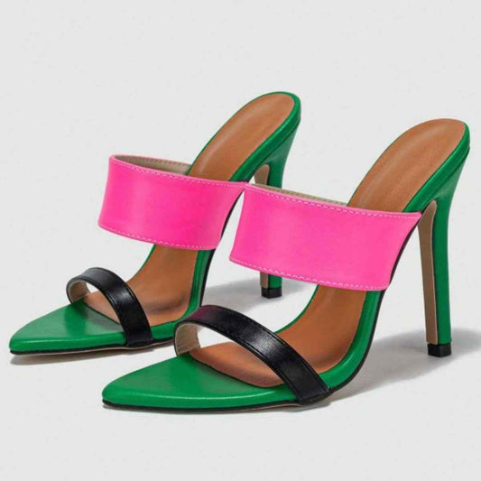 Contrast open toe stiletto sandals in multi-color PU leather with high heels.