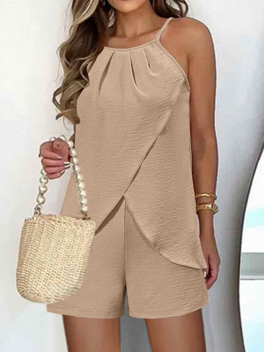 Spaghetti Strap Top and Shorts Set in beige, featuring a basic style with slightly stretchy fabric.