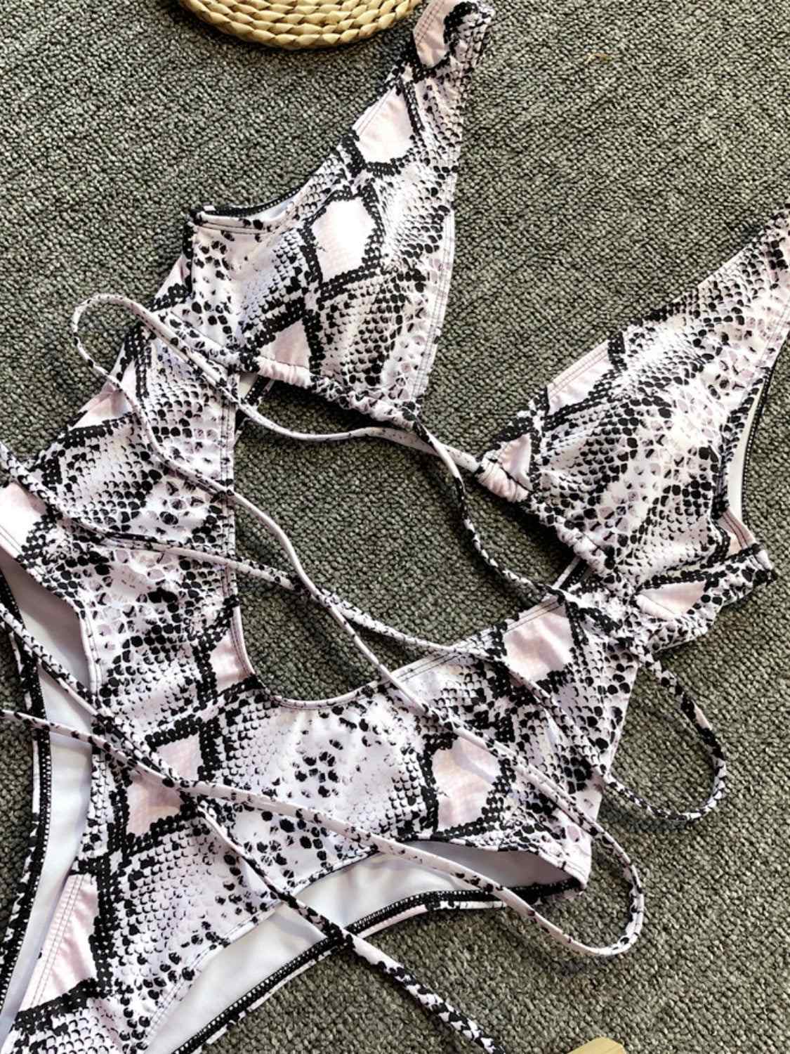 Lace-Up Backless Plunge One-Piece Swimwear with Snake Print Design