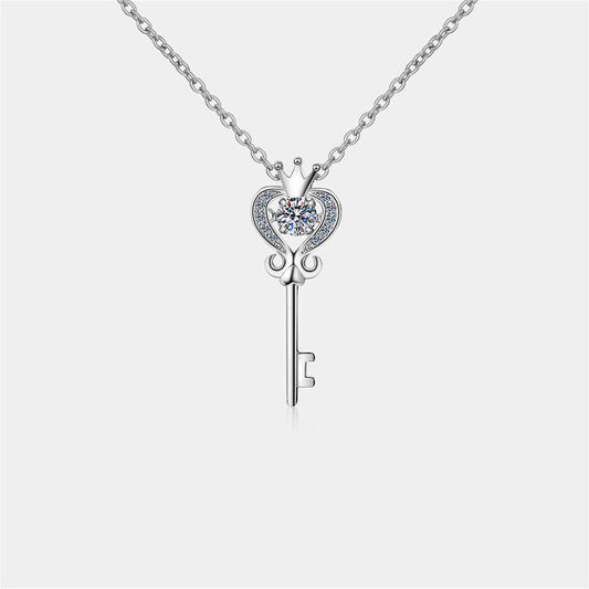 Key shape Moissanite 925 sterling silver necklace, 0.3 carat stone, elegant design.