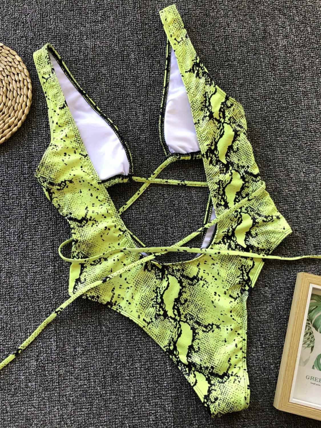 Lace-Up Backless Plunge One-Piece Swimwear in green pattern with removable padding.