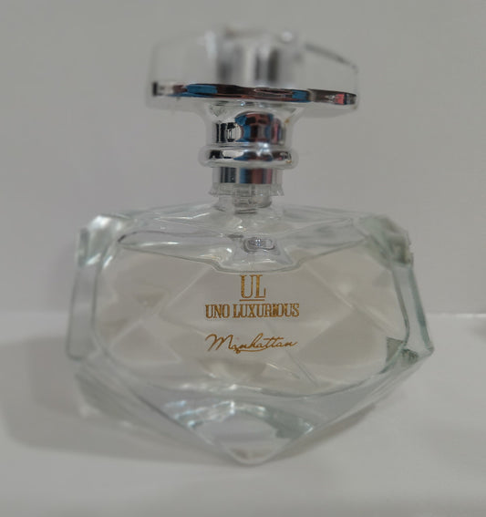 Elegant clear glass bottle of Manhattan Scent perfume.