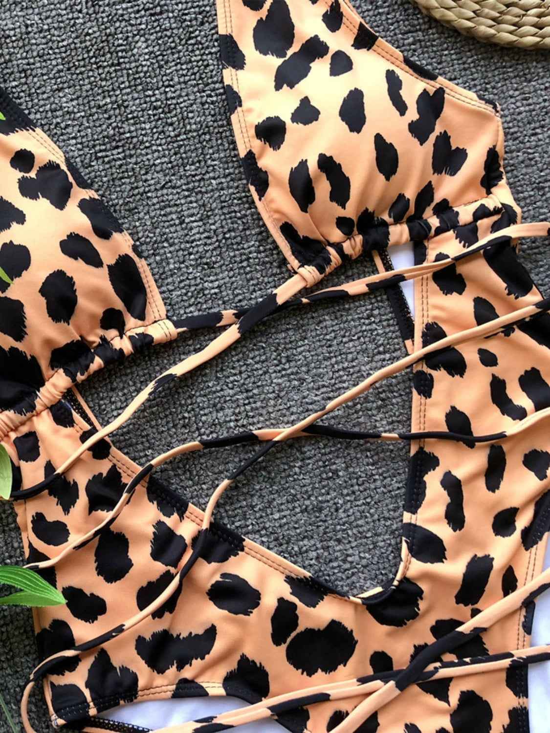 Lace-Up Backless Plunge One-Piece Swimwear with Leopard Print