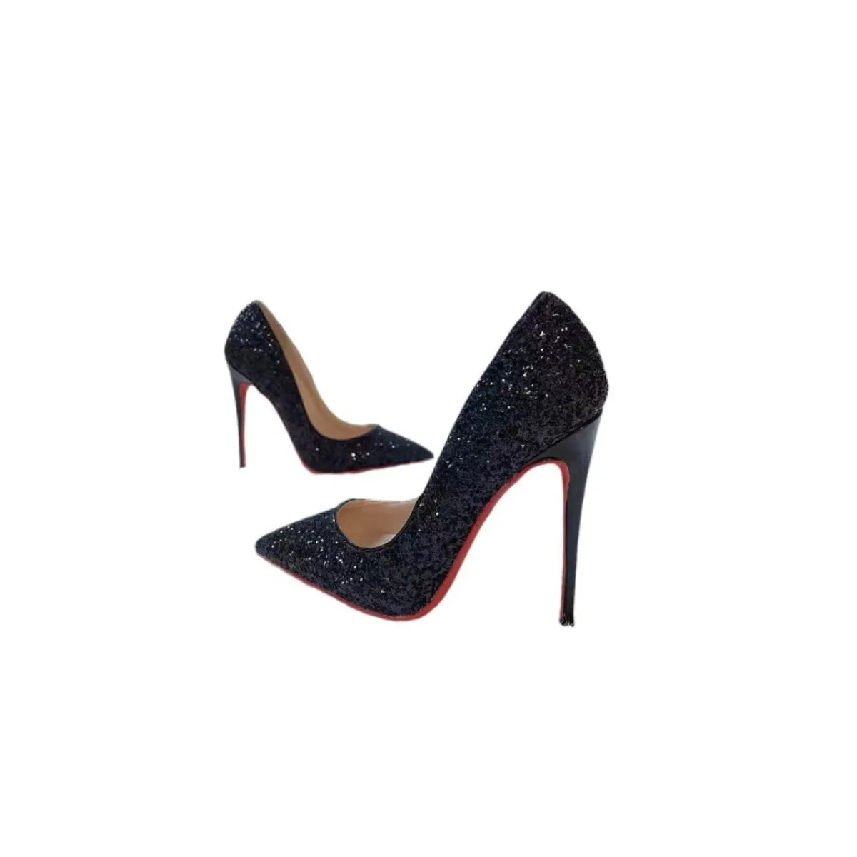 Point toe stiletto pumps in black glitter PU leather with high heels.