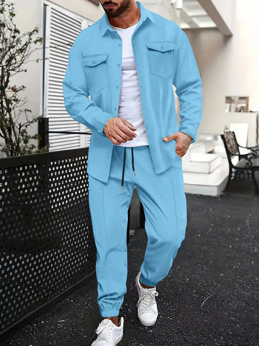 Men's two-piece light blue set with button-up shirt and drawstring pants, City Noir Set.