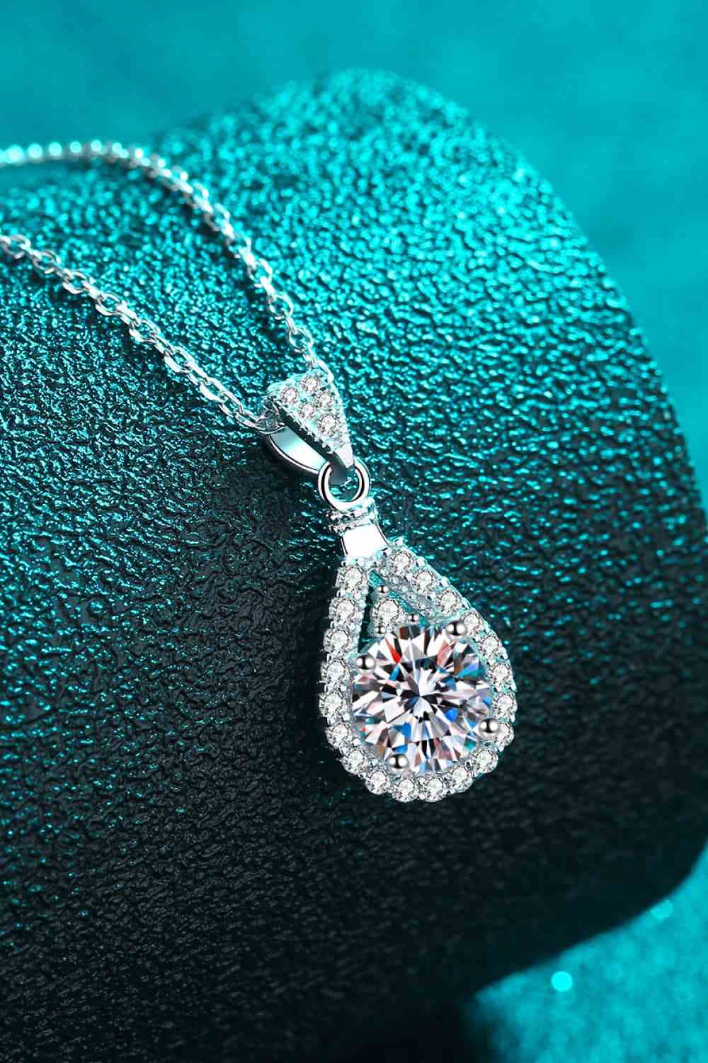 2 Carat Moissanite teardrop pendant necklace, 925 sterling silver, rhodium-plated, with zircon accents.