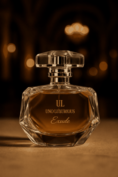 Uno Luxurious Exude Room Spray featuring floral, woody, coconut, amber, and vanilla fragrance notes.